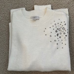 LOFT White Sweater with pearl/gem detail. Size Sm